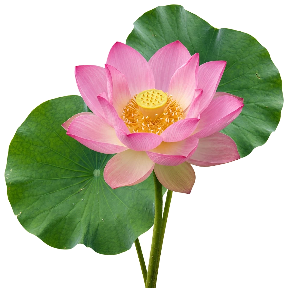 Pink lotus flower with leaves