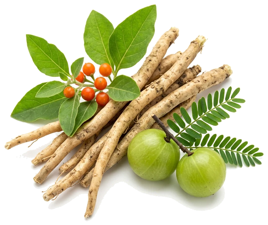 Ashwagandha roots with amla fruits and leaves